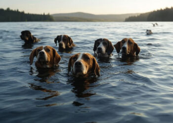38 perros perdidos en medio de un lago