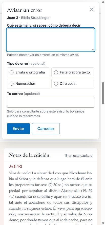 Formulario Avisar un error para comunicar erratas de la edición digital de la Biblia Straubinger.