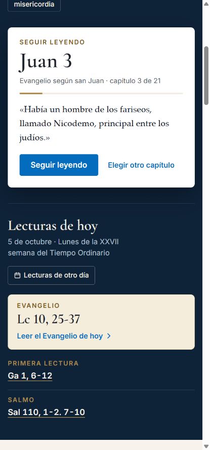 Portada de la sección con las lecturas del día y el enlace al Evangelio; ejemplo del 5 de octubre de 2026.