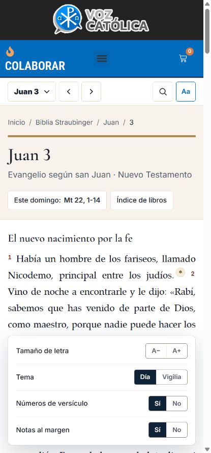 Lector de Juan 3 con controles de tamaño de letra, modo Día o Vigilia, números de versículo y notas al margen.